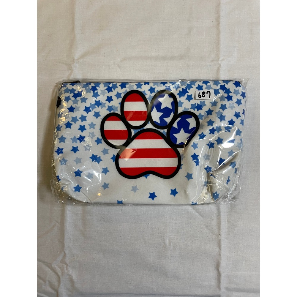 The Pouch Cosmetic Bag White NWT Patriotic Paw Print Stars Stripes